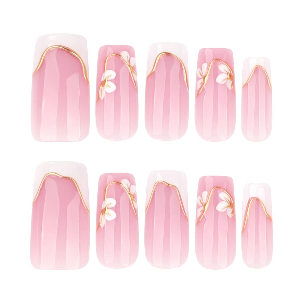 24Pcs French White 3D Embossed Flower Fake Nails Resin Comfort Fit For Adult Women