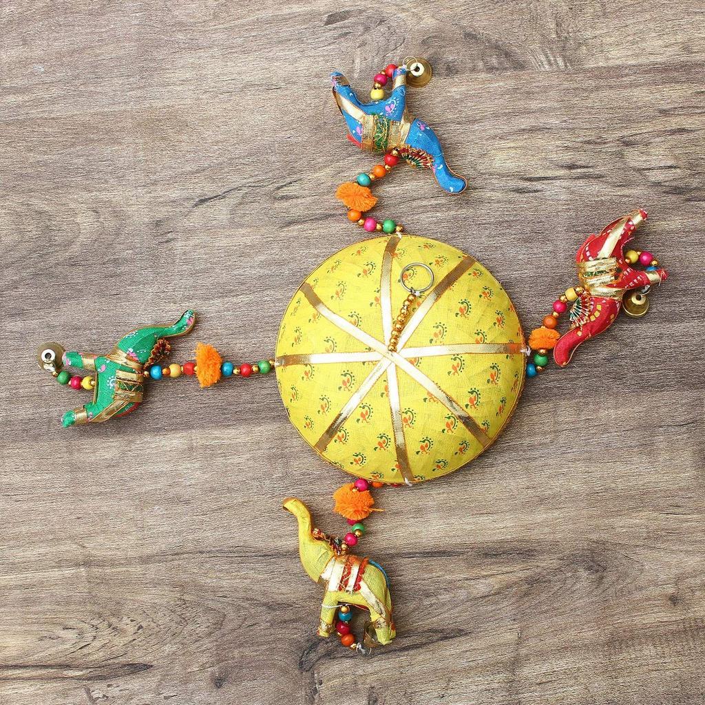 Multicolor Handcrafted Decorative Five Elephant Wall/Door/Window Hanging Bells Wind Chimes Showpiece for Home Decor, Wall Decor, Pooja Room Temple