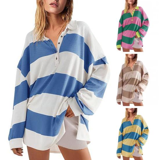 Yousheng Женская толстовка с цветными блоками, полосатым отложным воротником, длинными рукавами, пуговицами, свободным пуловером, повседневная домашняя одежда, спортивная одежда