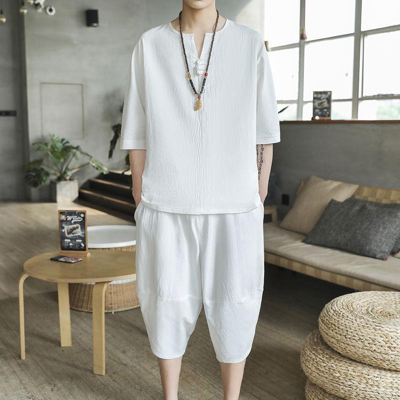Мужской льняной костюм в китайском стиле с короткими рукавами в стиле Тан и комплект из двух предметов в стиле ханьфу в стиле Чжуншань-дзен