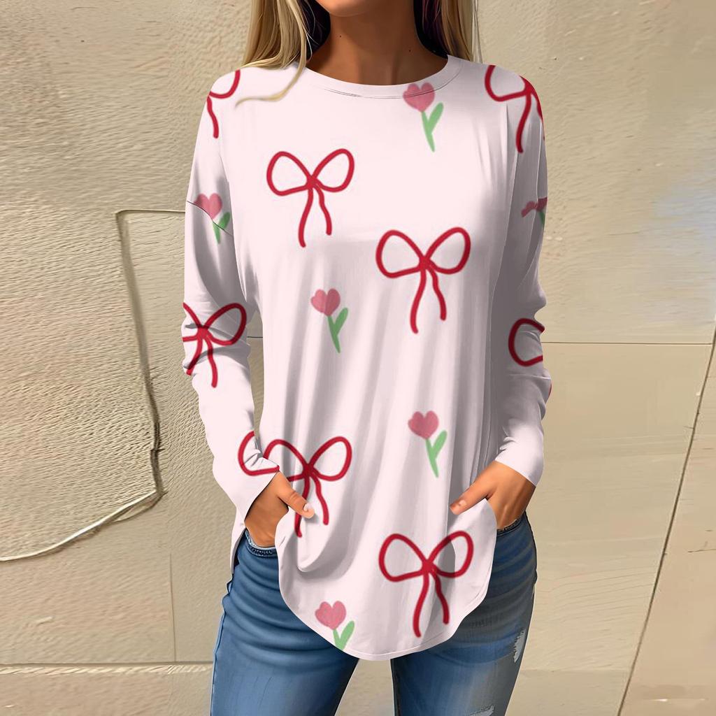 Women's Loose Casual Bow Printed Round Neck Long Sleeved T Shirt Top Pullover Long Sleeved Sweatshirt