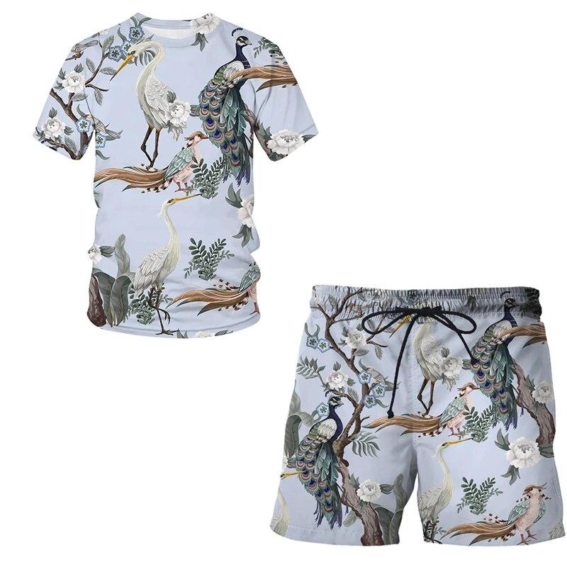 Модный мужской спортивный костюм с 3D принтом павлина, комплект из 2 предметов, Harajuku, повседневный весенне-летний комплект футболки и шорт, мужская одежда
