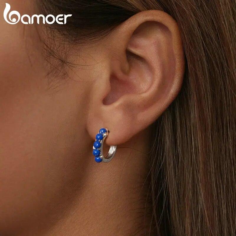 Bamoer 925 Sterling Silver Blue Planet Hoop Earrings Stacked Blue Stone Ear Buckles for Women Daily Wearing Fine Jewelry Gift