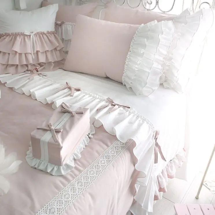Korean Princess Style Bedding Set Stitch Lace Ruffles Bed Linen Room Decor Double Duvet Cover Set Bed Skirt Pillow Cases