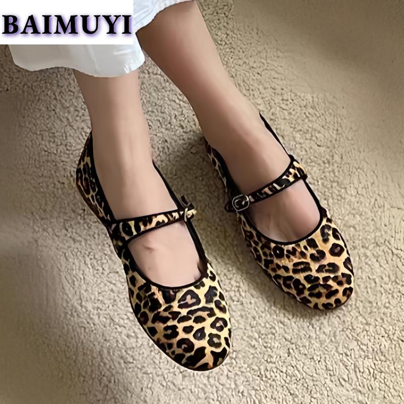 Leopard Flats Women Mary Janes Shoes 2025 Trend Winter New Lolita Shallow Shoes Designer Dress Prom Elegant Mujer Zapatillas
