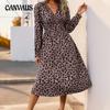 Spring and Autumn Leopard Print Long Sleeve Dress Temperament Commuter High Waist V-Neck Women's Long Dresses