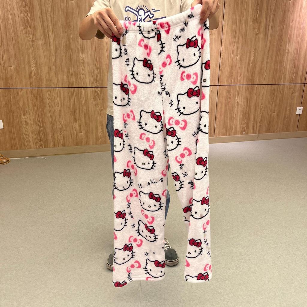 Women's Cartoon KT Cat Flannel Sleep Pants - Thick, Fleece-lined, Warm Homewear for Autumn & Winter