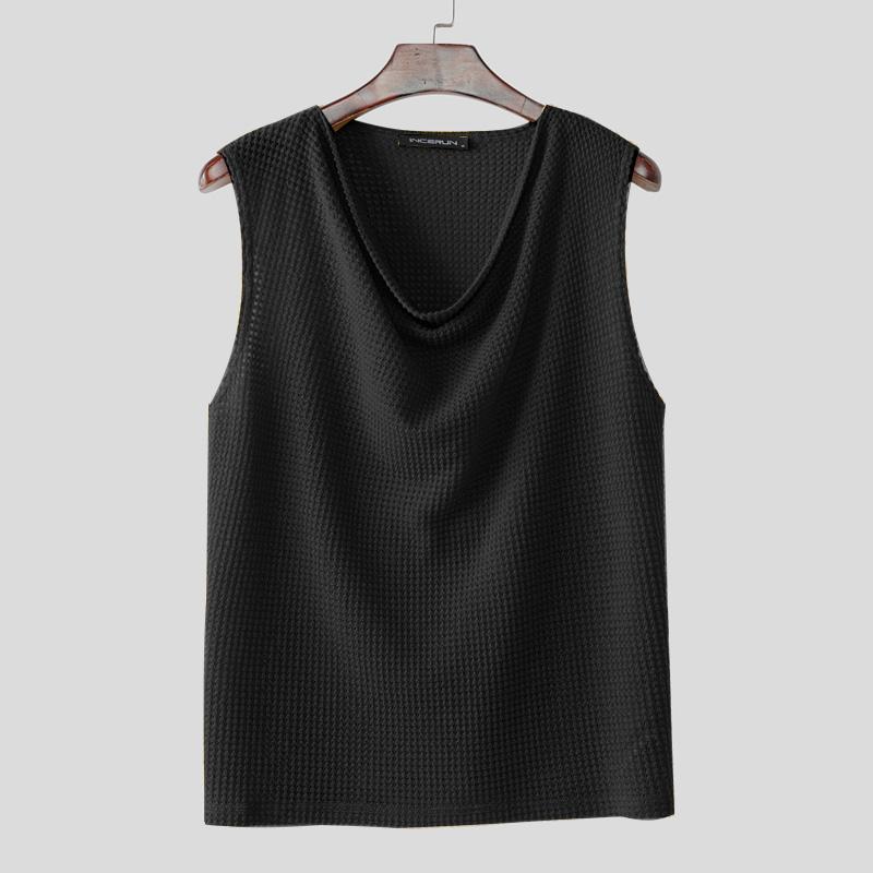 INCERUN Мужские майки без рукавов с отложным воротником, полупрозрачные, вафельной текстуры, облегающие