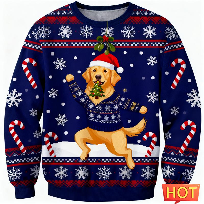 2026 New Golden Retriever Graphic Ugly Christmas Sweater Fashion Cute Dog 3D Printed Xmas Sweatshirts Loose Streetwear Pullovers