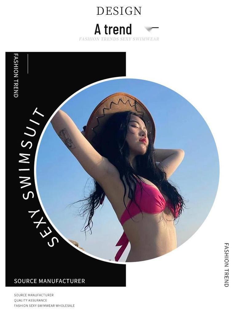 Розово-красный купальник-бикини из трех частей с косточками для маленькой груди