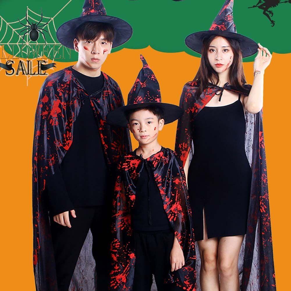 Cosplay Props Witch Cloak Hat Set Blood Printed Horror Cape Halloween Blood Costume  Decoration