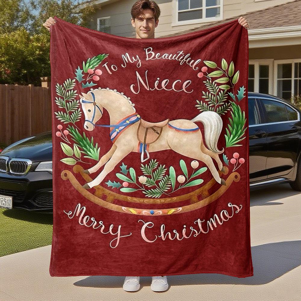 1PC Rocking horse Merry ChristmasOutdoor Flannel Blanket - Soft Plush Decor for Picnics, camping, Bedroom, Playroom, Office, or Lunch Break 1228A