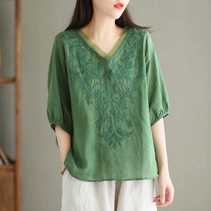 Cotton and Linen Japanese and Korean Five-point Sleeve T-shirt Women's Summer Mother Wear V-neck Embroidered Ladies Top