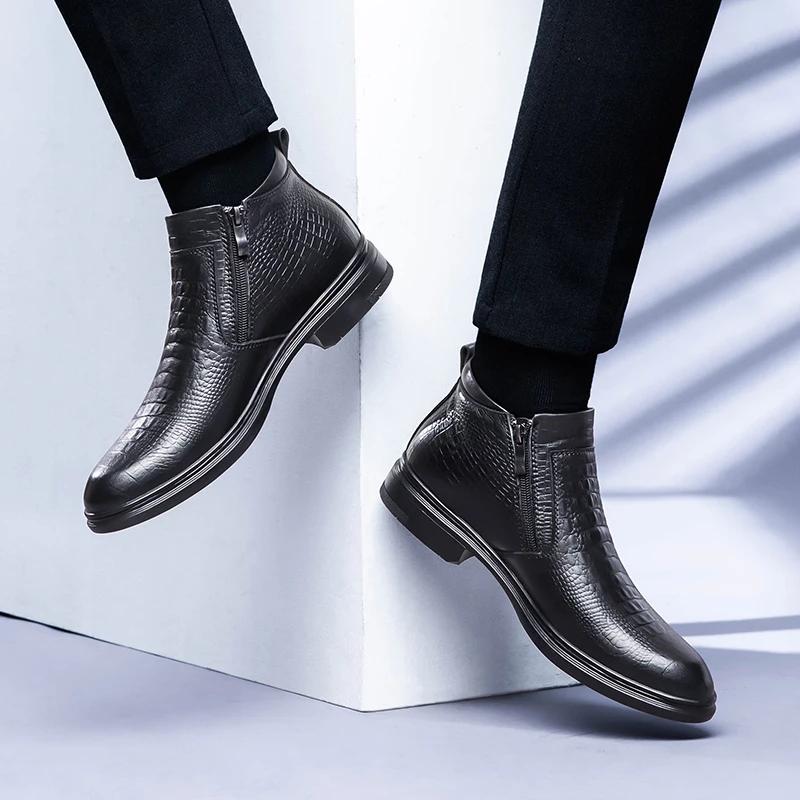 Fashion Mens Genuine Leather High Quality Boots Fashion Causal Boots Chelsea Shoes Pointed Boots Business Warm Plush Cowboy Ankle Boots