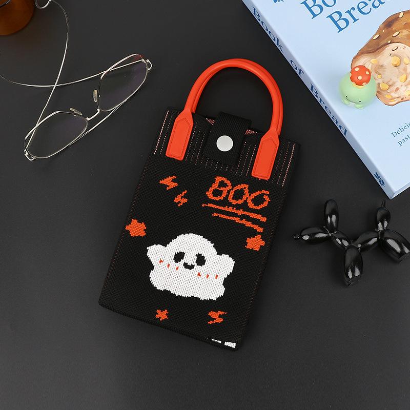 Halloween Themed Knitted Handbag Cartoon Ghost Pumpkin Print Shoulder Crossbody Bag Women Casual Phone Pouch Halloween Gift Bag