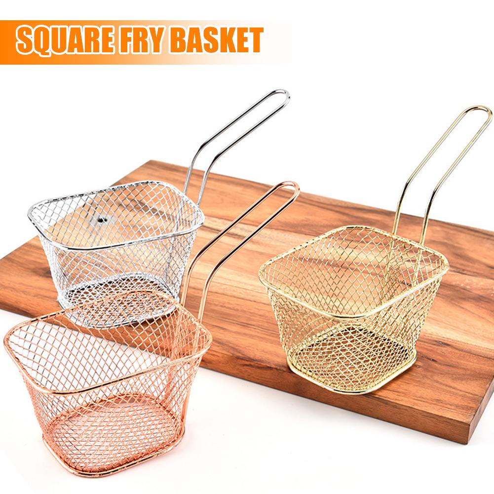 Mini Size Square Fry Basket Metal French Fries Chips Holder with Handle Desk Food Presentation Mesh Basket Food Prep Area Accessories Tools