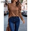 INDFS Женская мода Повседневный однотонный принт Весна Осень Длинные рукава О-образный вырез Пуловеры и длинные рукава