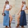 Sexy High Split Jean Skirt for Women Summer Elastic High Waist Patchwork A-line Long Denim Skirt with Pocket Casual Cotton Zipper Soft Jean Skirt
