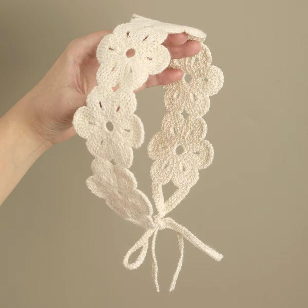 Retro Crochet Flower Hair Band French Long Knit Turban Sweet Knitted Headband Travel
