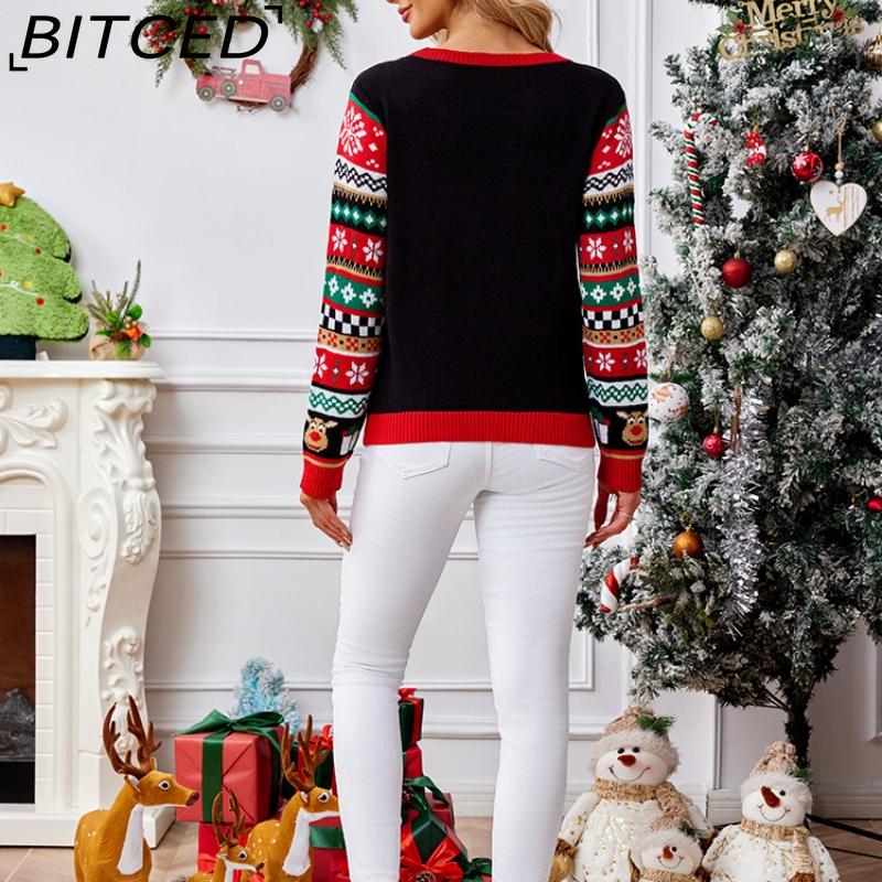 BITCED Casual Christmas Reindeer Pullover Autumn/Winter Sequined Embroidered O-Neck Knitted Jacquard Sweater