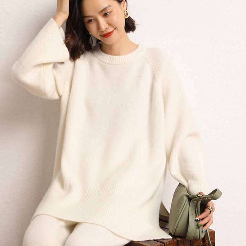 Lazy Wind Round Neck Loose Large Size Sweater Women's Autumn and Winter New Casual Hem Split Knitted Sweater Women