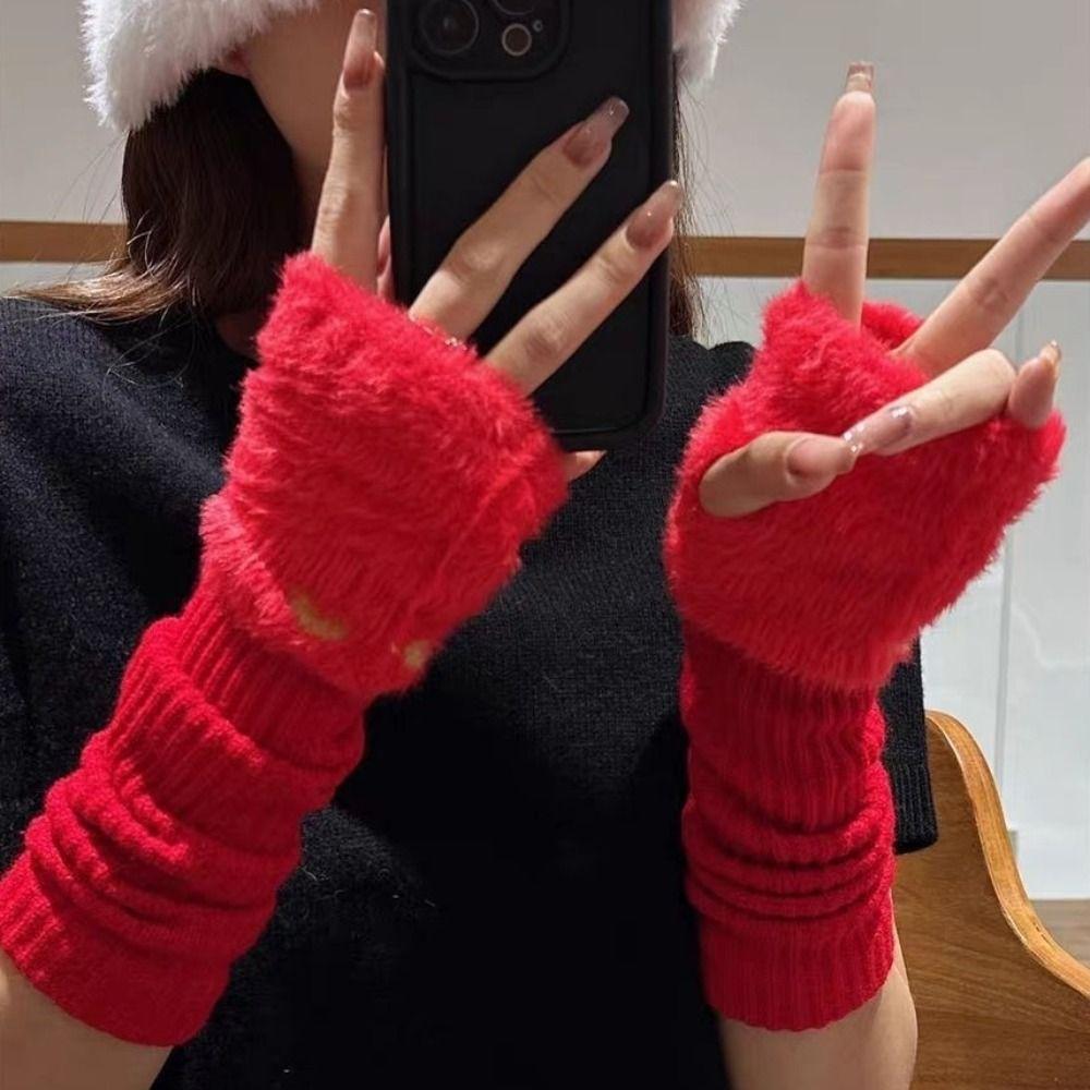Korean Style Mink Fleece Half Finger Gloves Solid Color Y2k Winter Mittens Women