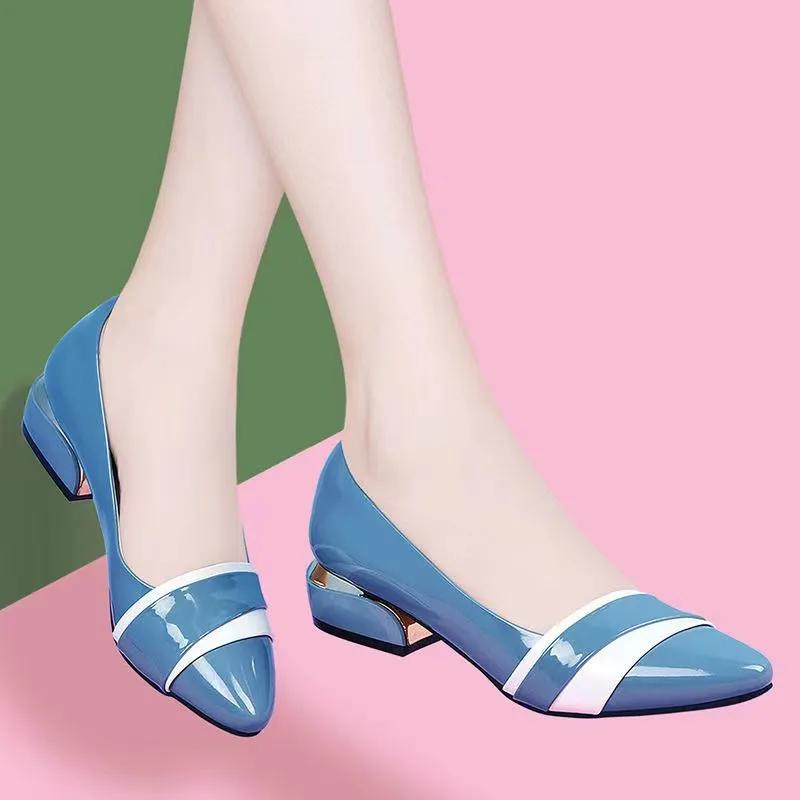 Sapatos Femininas Women Fashion Sweet Light Weight Blue Slip On Square Heel Shoes Lady Classic Comfort Shoes Ab662