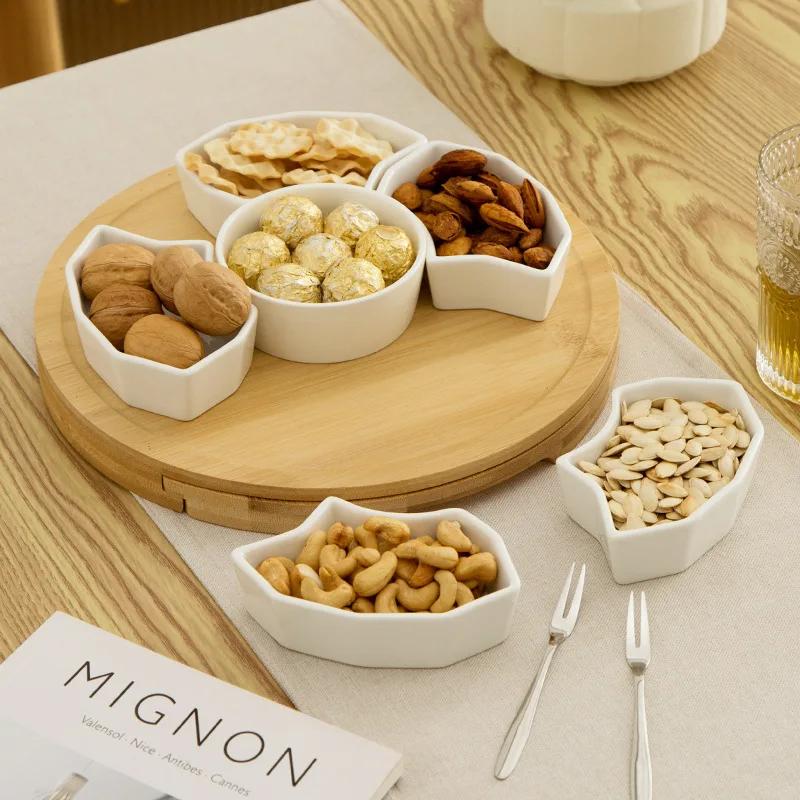 Выдвижной ящик для орехов, подставка под миску в китайском стиле, бамбуковая разделительная полка, керамическая миска для закусок, ящик для хранения столовых приборов на кухне