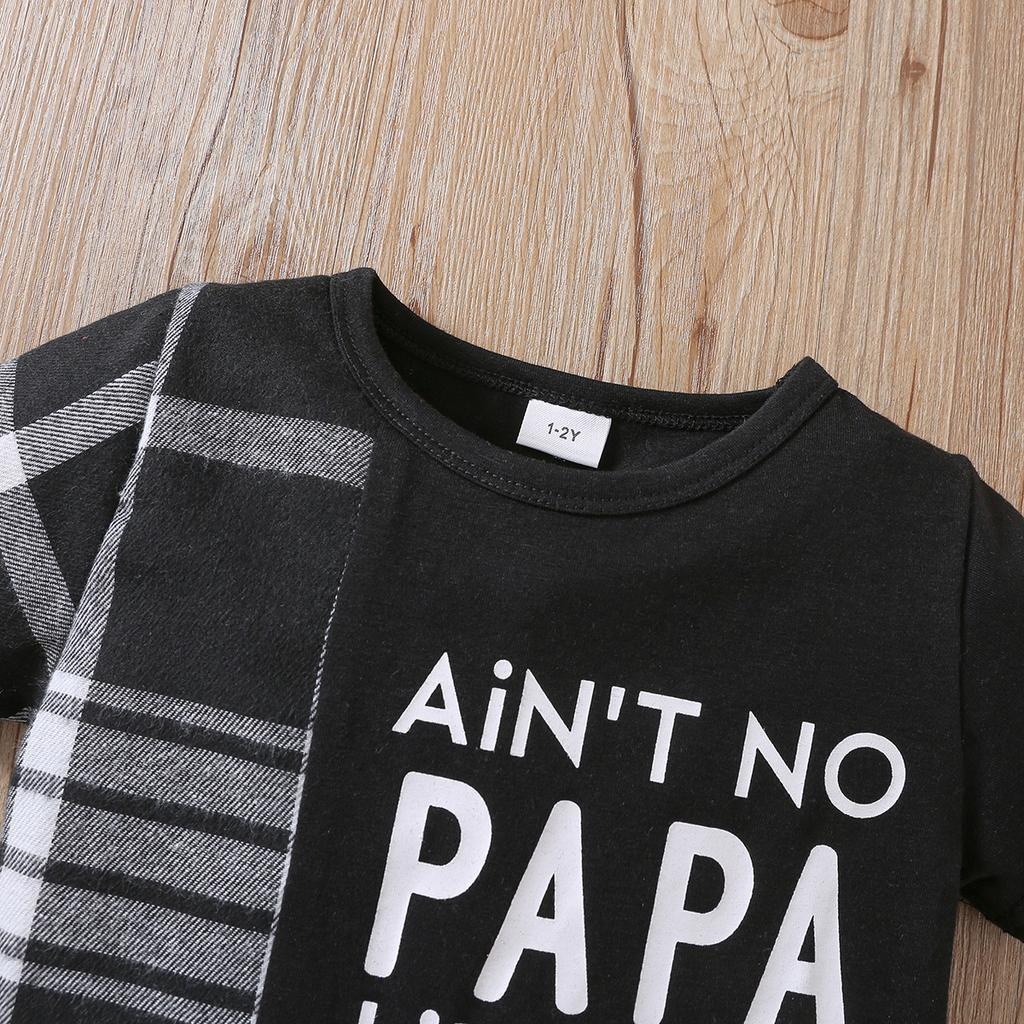 Boys Summer Outfit Letter Print Plaid Patch Round Neck T Shirt Shorts Two Piece Set Casual Style