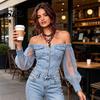 Lightweight Women Shirt Summer Tops for Women, Mesh Splicing Imitation Denim Shirt, Off Shoulder Casual Long Sleeve Chiffon Work Parties And Everyday