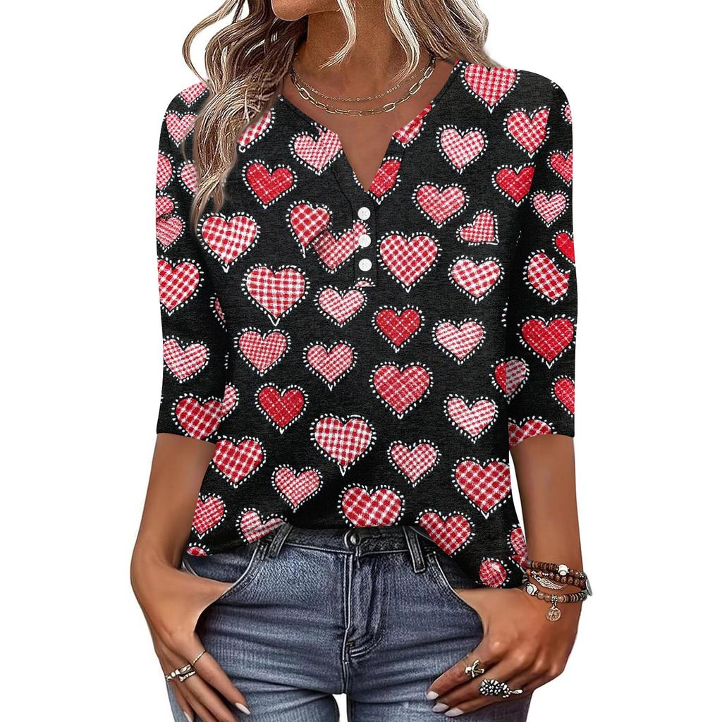 Жен. Футболка С принтом Пуговицы Рукав 3/4 Повседневные Выходные Мода Классический Классический V-образный вырез Обычный Верх