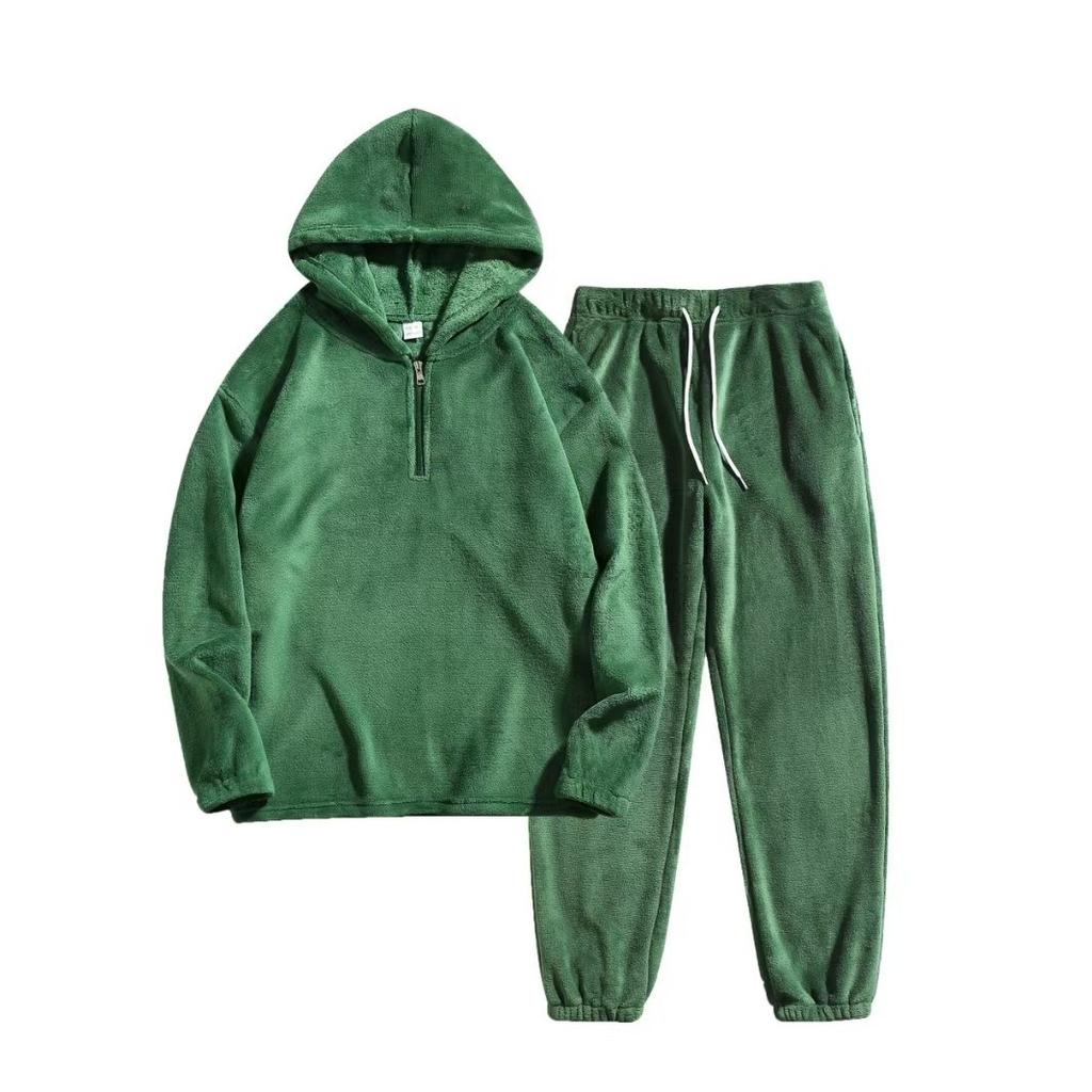 Autumn and winter suit men's fashion thermal hooded sweater solid color wool sweatpants casual sports two-piece set