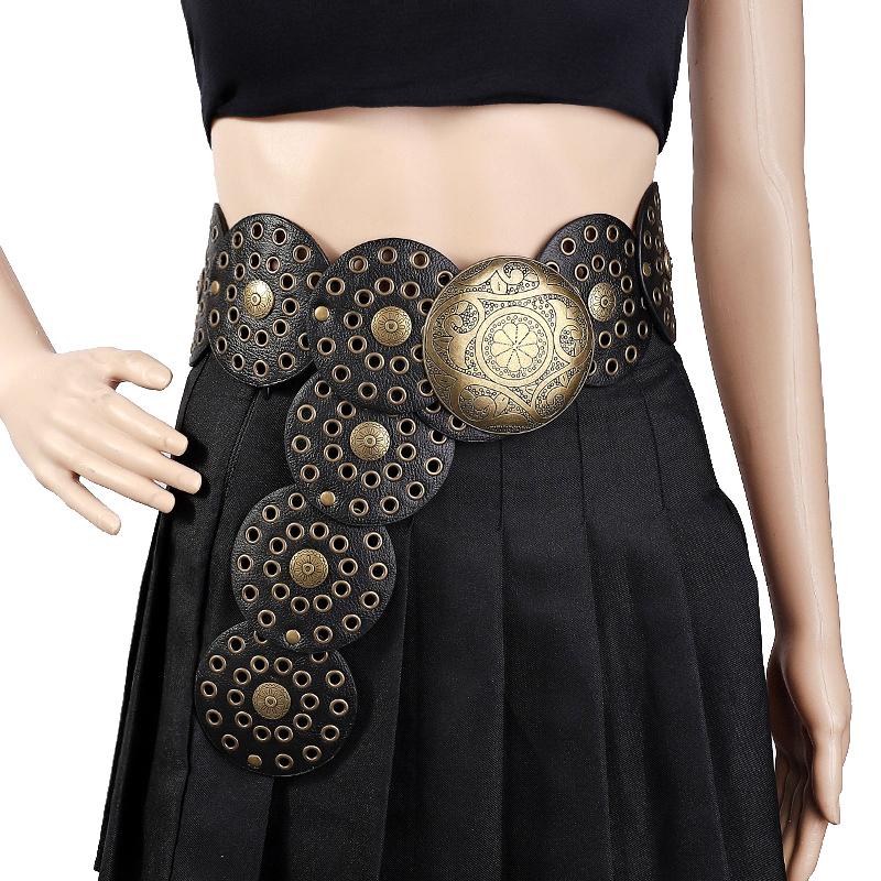 Широкий пояс Boho Disc для женщин, винтажный, из искусственной кожи, полые, в стиле вестерн, ковбойские ремни с металлической пряжкой, увеличенный круглый пояс
