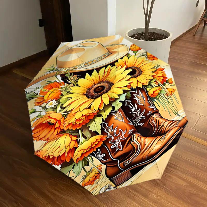 Cowboy Boots with Sunflowers Umbrella- Western Style Cowboy Hat and Boots for Men Women - Festival Gift Idea - Outdoor Rain Umbrella with Au
