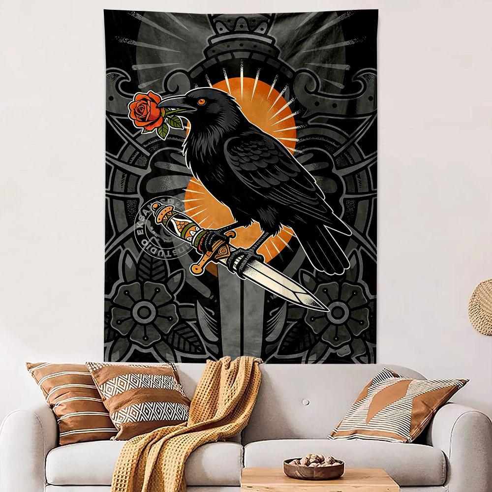 Gothic Wall Tapestry Black Crow Holding Rose and Dagger Orange Sunburst Tattoo Style Floral Decor for Man Cave Bedroom