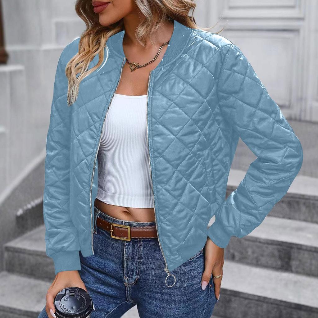 Ladies Zipper Long Sleeve Stand Collar Check Slim Baseball Padded Top Blouse Jacket Coat