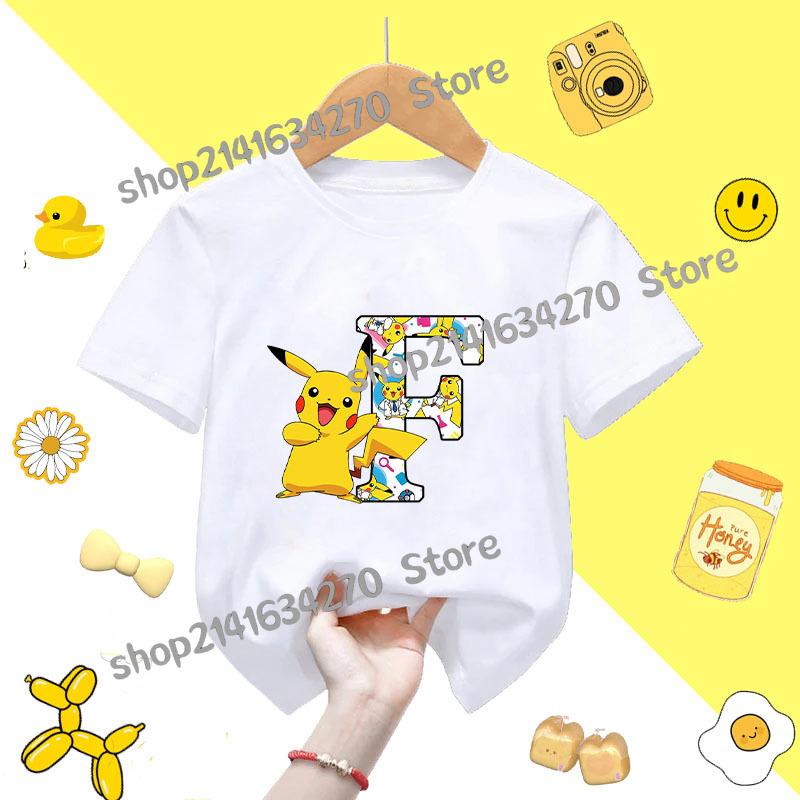 Short Sleeve Summer Tshirt Tops Cotton Tee for Pokemon Pikachu Anime AZ letters Printed Cute Clothing Children Casual Clothes
