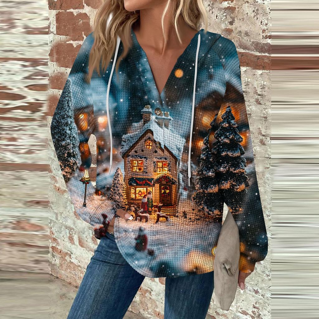 Женская мода с длинным рукавом, завязками на шнурке, капюшоном, пуговицами, V-образным вырезом, повседневная толстовка с капюшоном и рождественским принтом