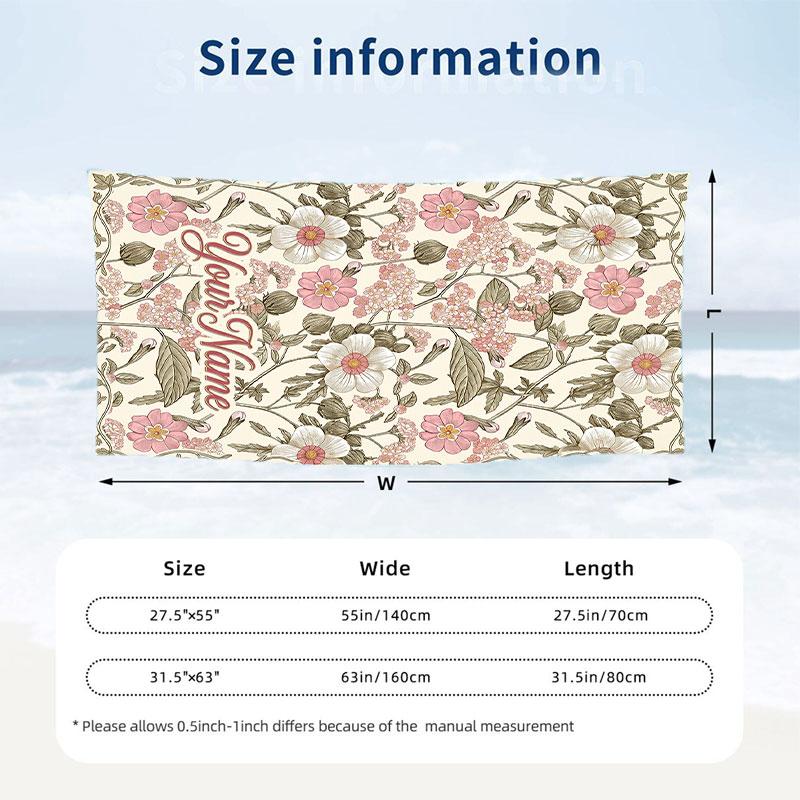 Floral Elegance Frame 1 Theme Quick Dry Beach Towel Custom Name Text Print Large Sand Resistant Towel Beach Vacation