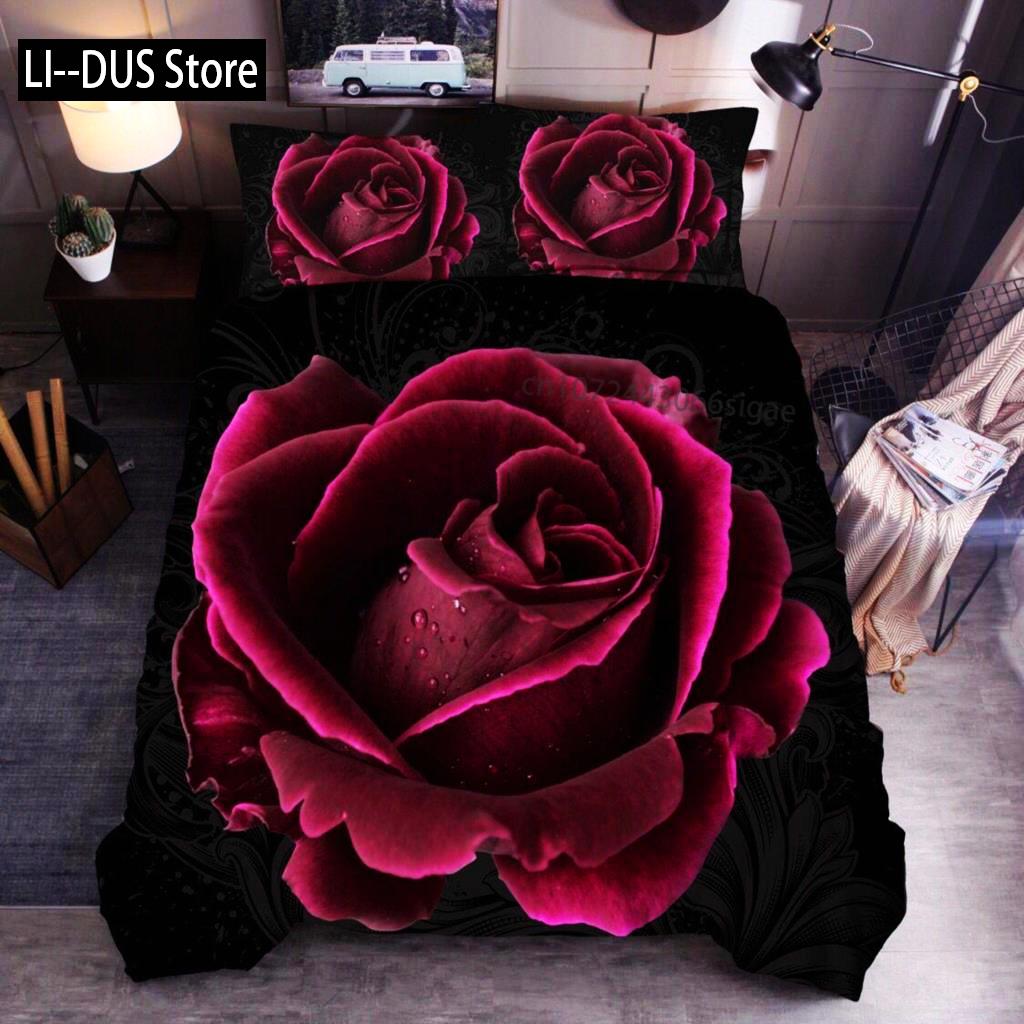 Комплект постельного белья с цветочным принтом King Microfiber Red Rose Blossom Flower Комплект постельного белья Red Botanical Покрывало для пододеяльника Romantic Quilt Cover
