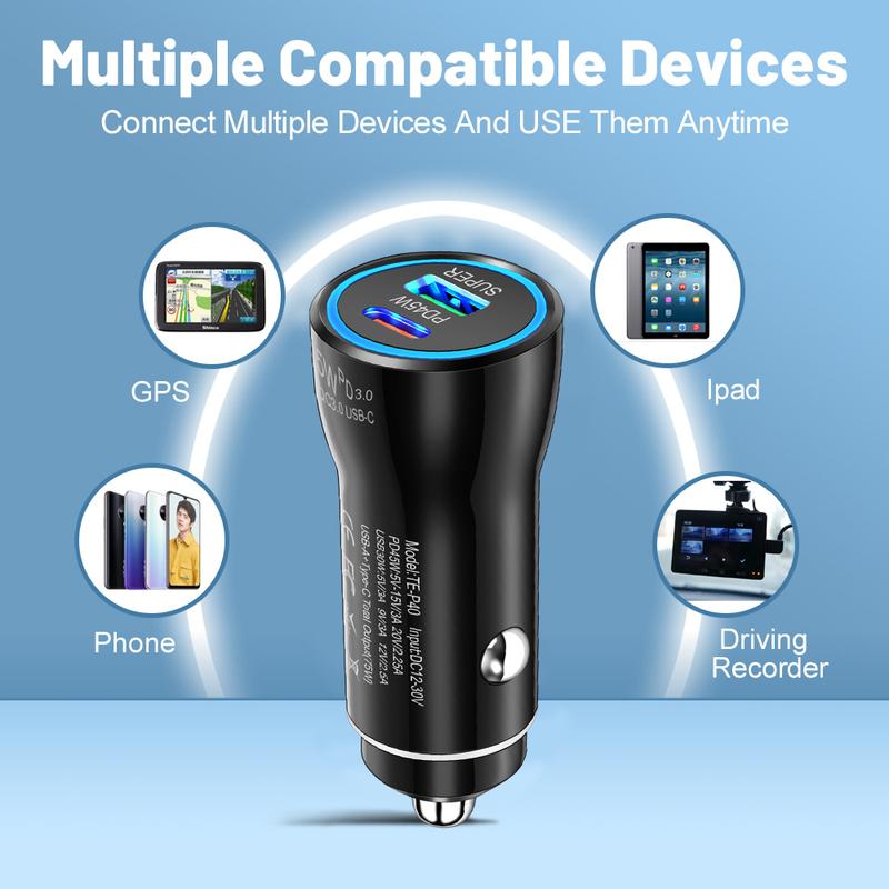 Автомобильное зарядное устройство QC3.0 45 Вт, двойной порт USB Type-C, быстрая зарядка, автомобильный адаптер питания, универсальный для телефона Samsung, для серии iPhone и т. д.