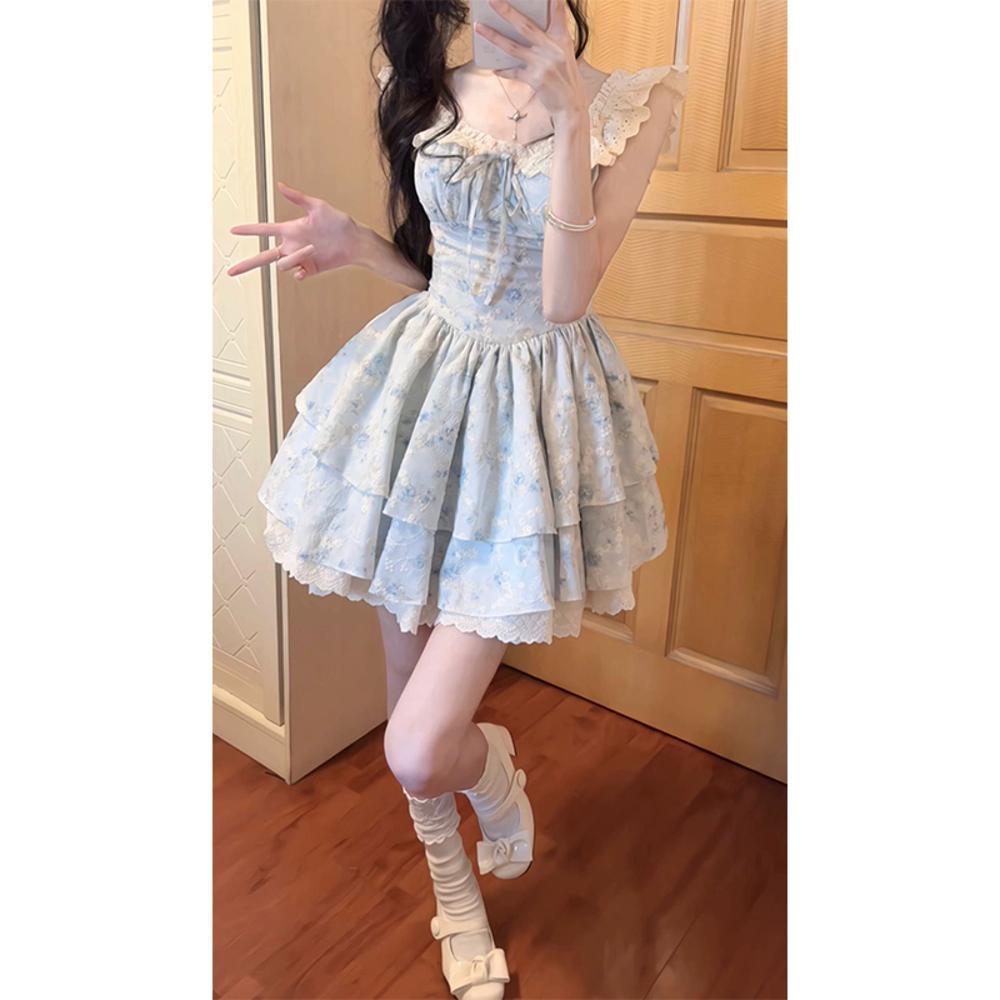 Sweet Spice Girl Blue Floral Dress Women's Summer Small Man Design Sense Princess Cake Dress Waist Fluffy Dress