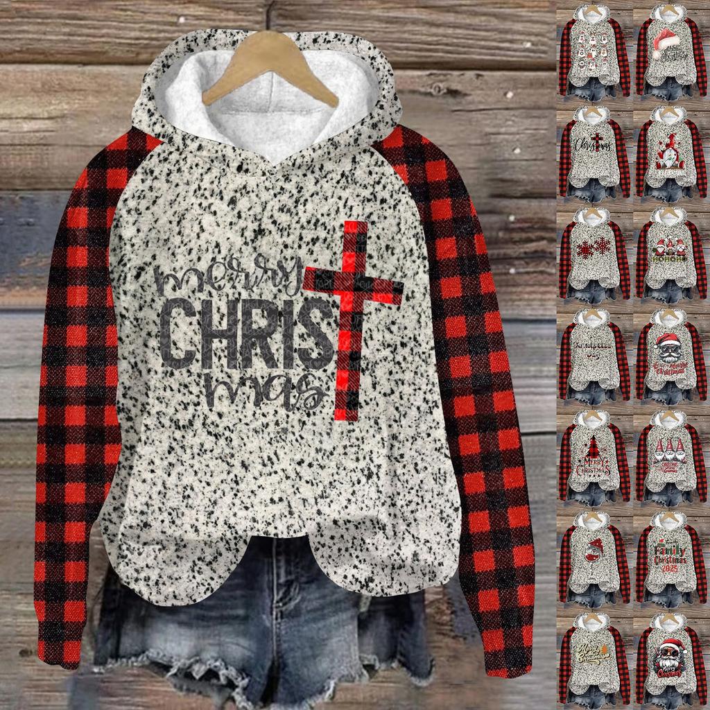 Women's Fashion Pullover Plunging Sleeve Christmas Printed Hooded Sweatshirt