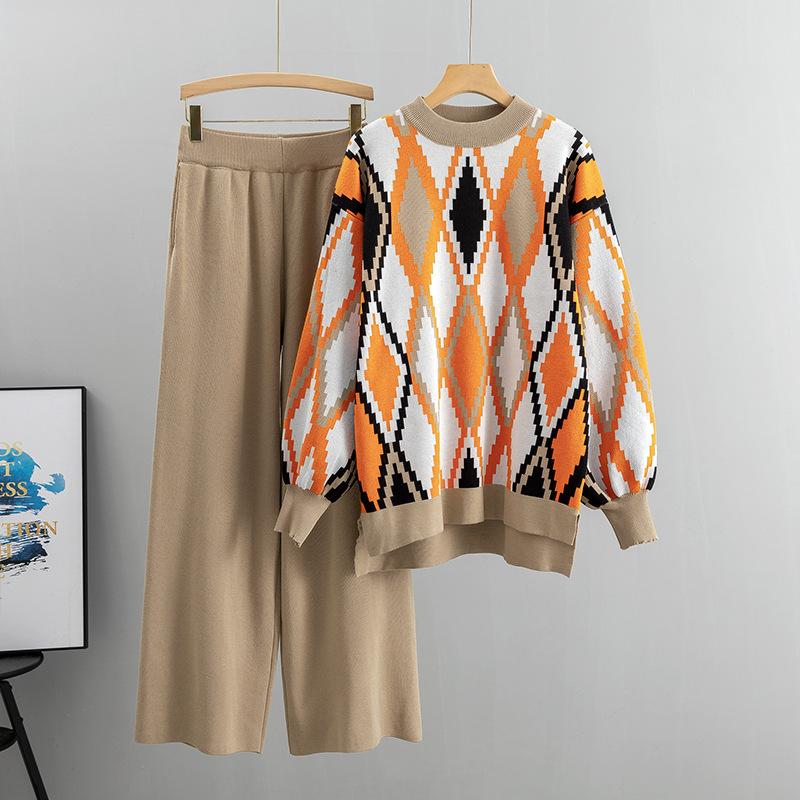 Autumn and Winter Women's Sweater Suit Sports and Leisure Fashion Loose Big Size Sweater Top Wide Leg Pants Two-piece Set