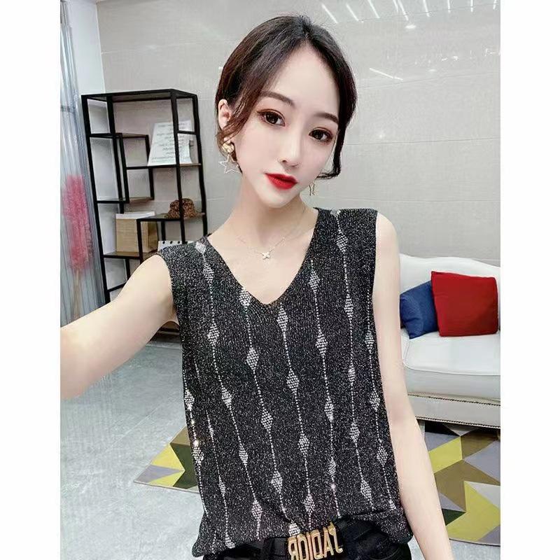 2023 Блестящий шелковый женский жилет без рукавов с V-образным вырезом - Новый стиль весна/лето, свободный крой с вязаным дизайном на бретелях с горячими бриллиантами