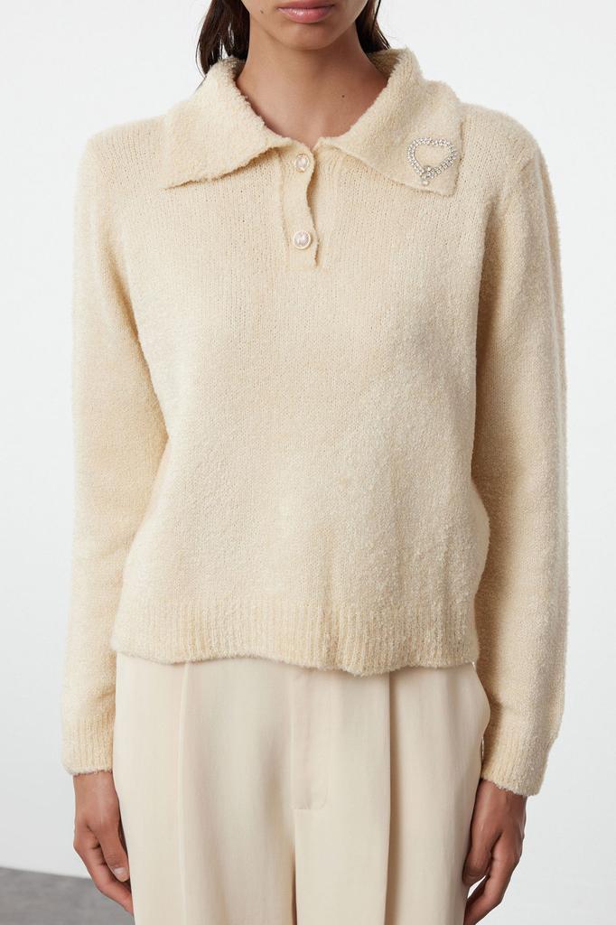 Women's Elegance Style Sweater Stone Soft Textured Bronze Detailed Knitwear Sweater