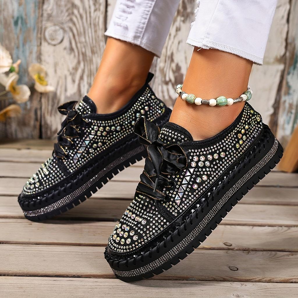 Size 35-44 Fashionable, Versatile, Elegant, Comfortable Lace-Up Chunky Sole Sequined Studded Sneakers