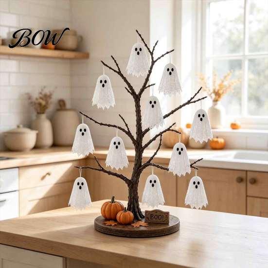 Kid Friendly Halloween Ornaments Glowing Ghost Tree Tabletop Decor, LED Lighted with Office Desk Seasonal Decoration Hanging for Home, Fireplace