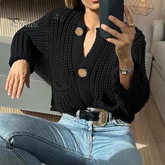 Вязаный укороченный кардиган, свитер с V-образным вырезом, длинным рукавом, на пуговицах, свободный крой, свитер, пальто с карманами, однотонный трикотаж