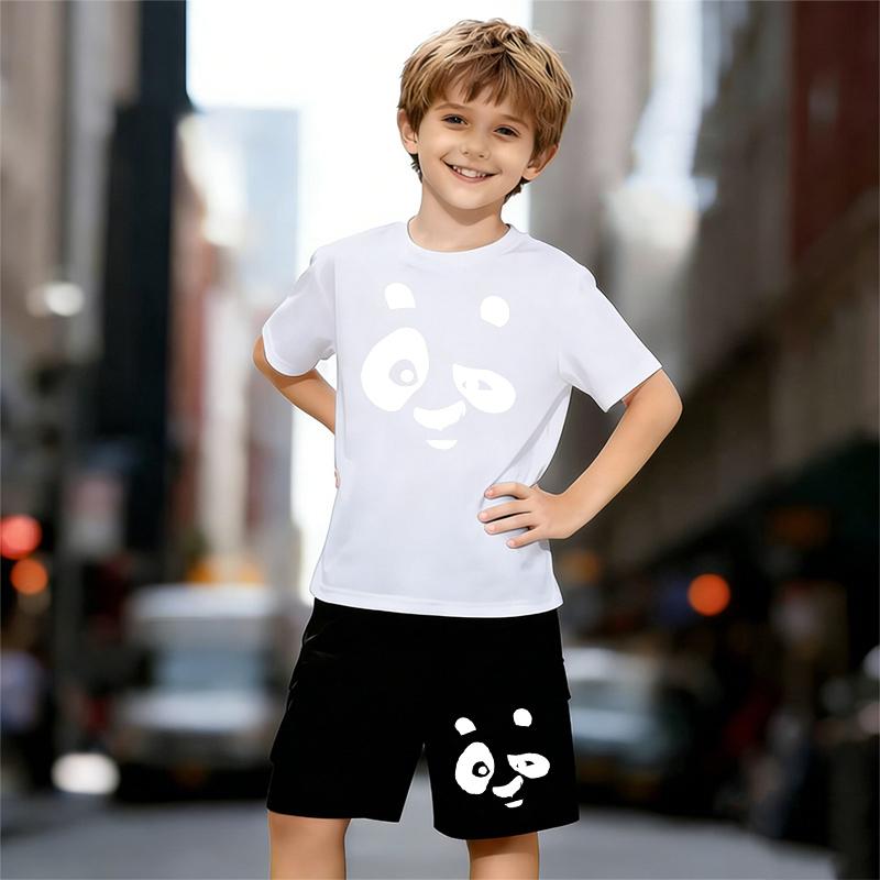 Boys 2 Piece Panda Face Print Outfit, Short Sleeve T-Shirt and Shorts Set for Kids Age 5-14,Black and White Sporty Casual Summer Clothes